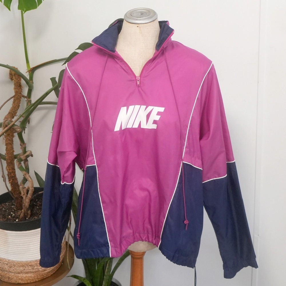 Nike Windbreaker Women Large Magenta Navy Blue Vintage Half Zip Colorblock Retro